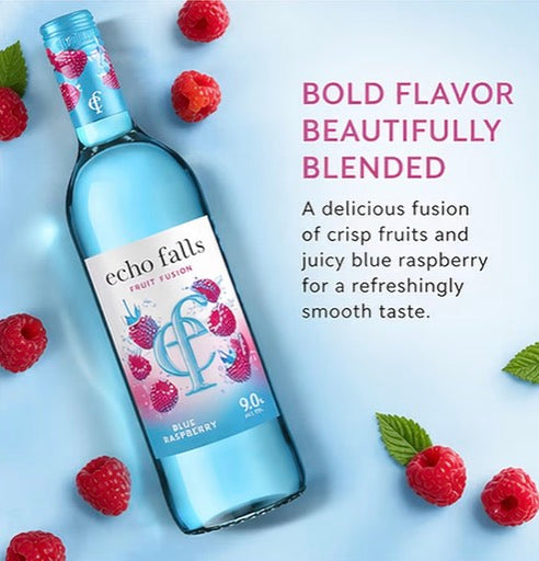 Echo Falls Fruit Fusion Blue Raspberry Wine Drink 9% ABV, 75cl Bottles (Case of 6) – Sweet Blue Raspberry Flavoured Fruit Wine, Ready to Serve, Party & Sharing Drink