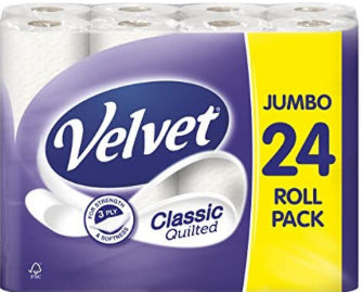 Velvet Classic Quilted Toilet Paper Bulk Buy, 24 White 3 ply Toilet Tissue Rolls, 24 Count (Pack of 1)