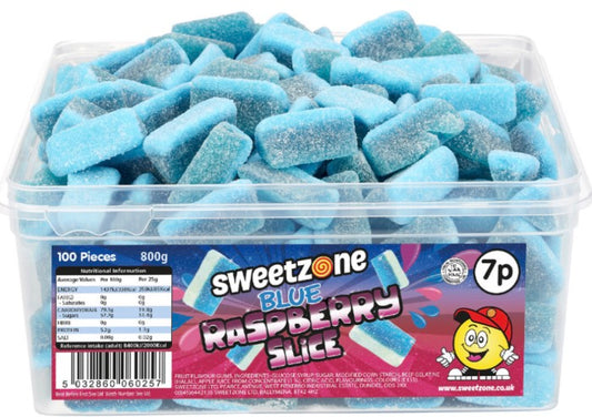 (Blue Raspberry Slices 800g TUB - 1H006) Halal Sweets Cola Bottles, Sour Suckers, Twin Cherries 800g Tubs HMC Certified