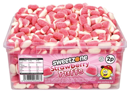 Strawberry Puffs 800g TUB - 1H047) Halal Sweets Cola Bottles, Sour Suckers, Twin Cherries 800g Tubs HMC Certified
