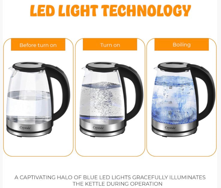 1.8L Electric Kettle Glass 360 Blue LED Illuminated Portable Jug 1500W
