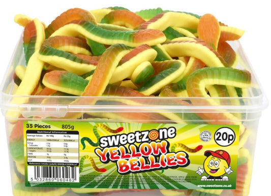 Yellow Bellies 800g TUB - 1H055) Halal Sweets Cola Bottles, Sour Suckers, Twin Cherries 800g Tubs HMC Certified