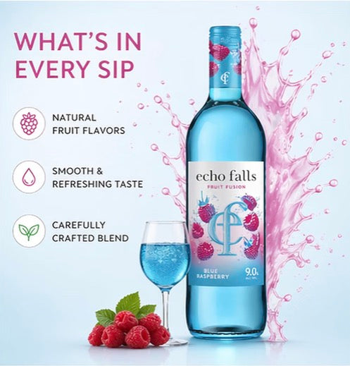Echo Falls Fruit Fusion Blue Raspberry Wine Drink 9% ABV, 75cl Bottles (Case of 6) – Sweet Blue Raspberry Flavoured Fruit Wine, Ready to Serve, Party & Sharing Drink