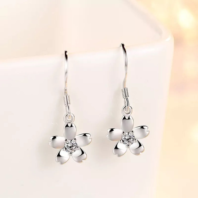 Women Girls 925 Sterling Silver Crystal Flower Drop Hook Earrings