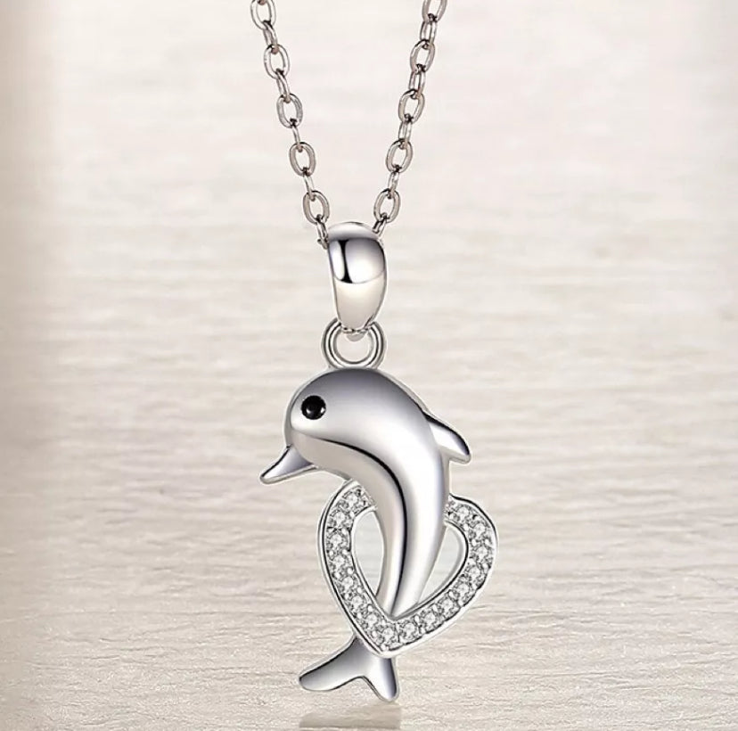 925 Sterling Silver Dolphin Crystal Heart Pendant Necklace Women Jewellery Gift