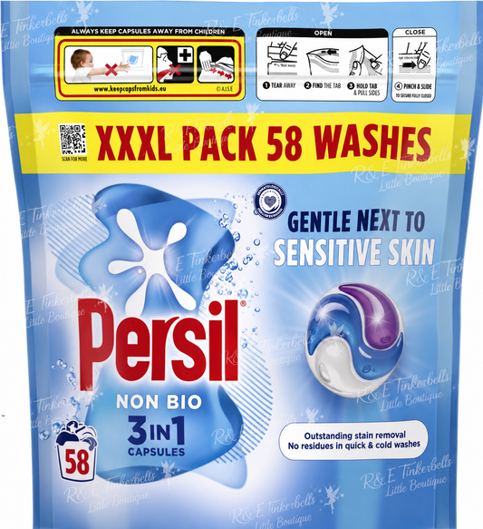 Persil Non Bio 3 in 1 Washing Capsules laundry capsules gentle next to sensitive skin for outstanding stain removal in quick & cold washes 58 washes