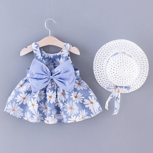 Summer New Girl Fashion Dress Small Chrysanthemum Hanging Strap Big Bow Princess Dress Party Dress 0-3 Years Old