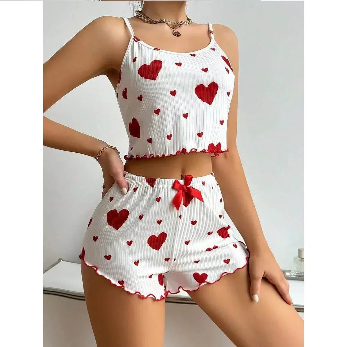 Women's Pajamas Set Summer Sleepwear 2 PCS Short Tank Tops and Shorts Sets Valentine's Day Gift Casual Love Printing Lounge