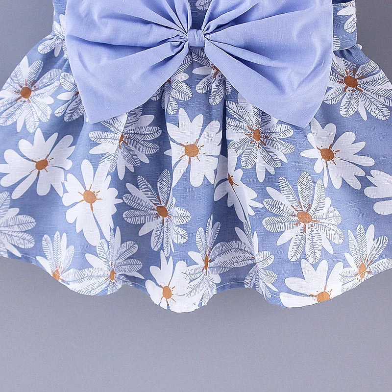 Summer New Girl Fashion Dress Small Chrysanthemum Hanging Strap Big Bow Princess Dress Party Dress 0-3 Years Old