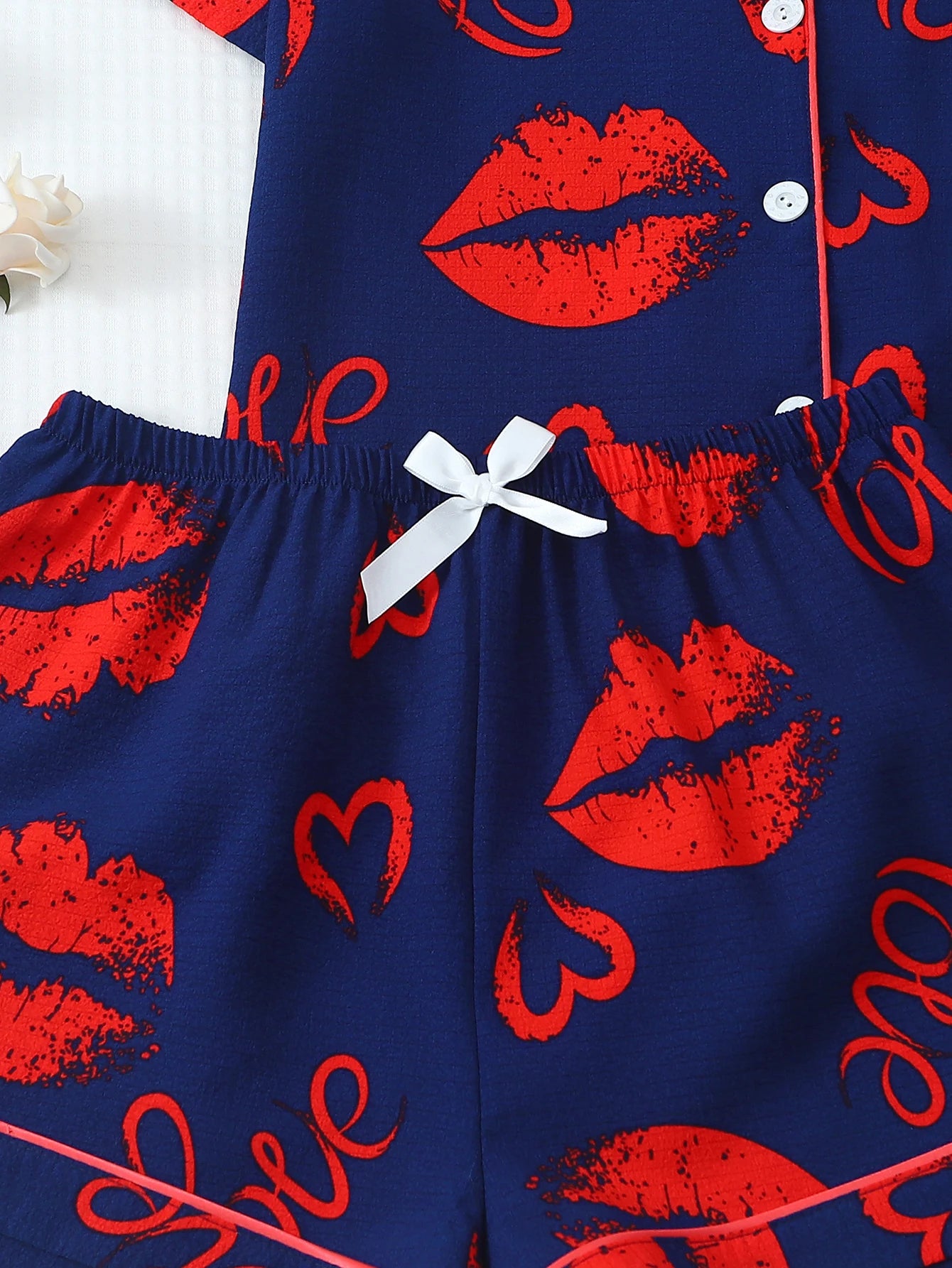 [Valentine's Day] 2-Piece Pajama Set with Lip Print, Short-Sleeved Shorts, Women's Pajamas, Loungewear Set Suitable for Home Use