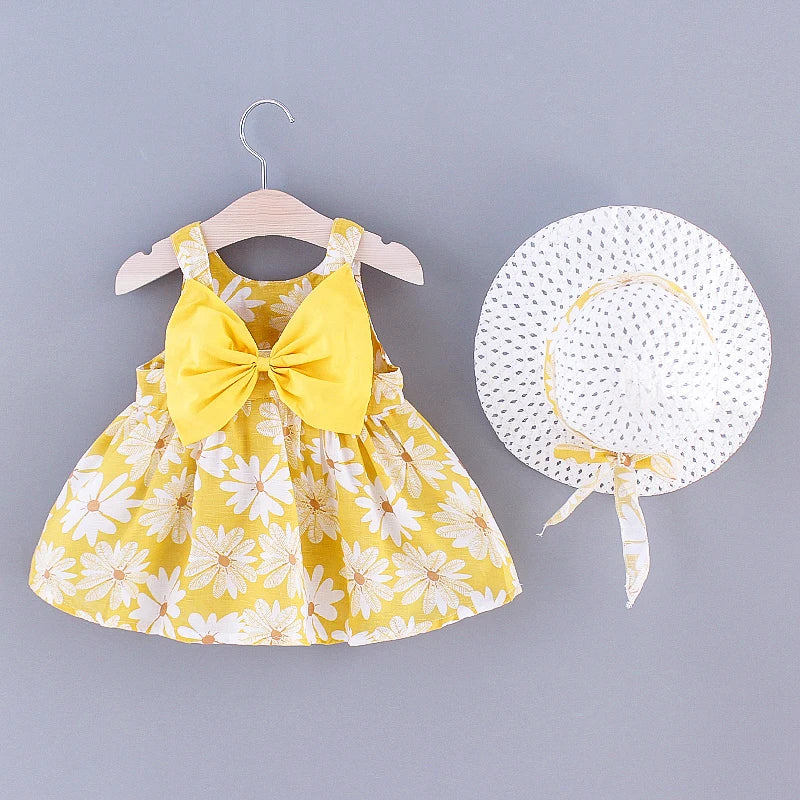 Summer New Girl Fashion Dress Small Chrysanthemum Hanging Strap Big Bow Princess Dress Party Dress 0-3 Years Old