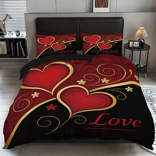 3pcs (1 duvet cover, 2 pillowcases, coreless), black and red Valentine's Day heart, Love design printed pattern bedding set
