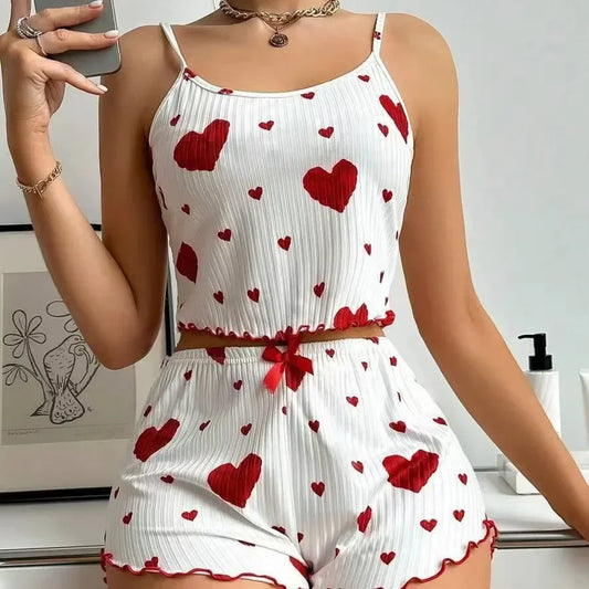 Women's Pajamas Set Summer Sleepwear 2 PCS Short Tank Tops and Shorts Sets Valentine's Day Gift Casual Love Printing Lounge
