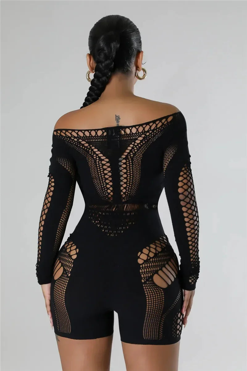 Women Sexy Black White Club Outfits Jumpsuit for Women Long Sleeves Mesmerizing Mesh Hollow Stretch Short Rompers