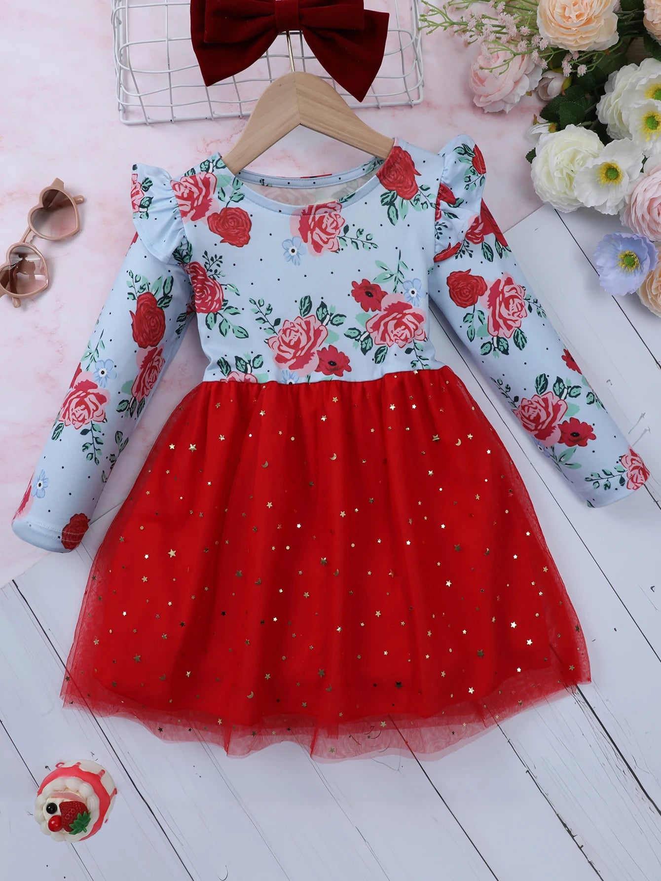 Valentine's Day Gift for Girls red Rose Print Red Tulle Dress Long Sleeve Ruffle Casual 2-7Y