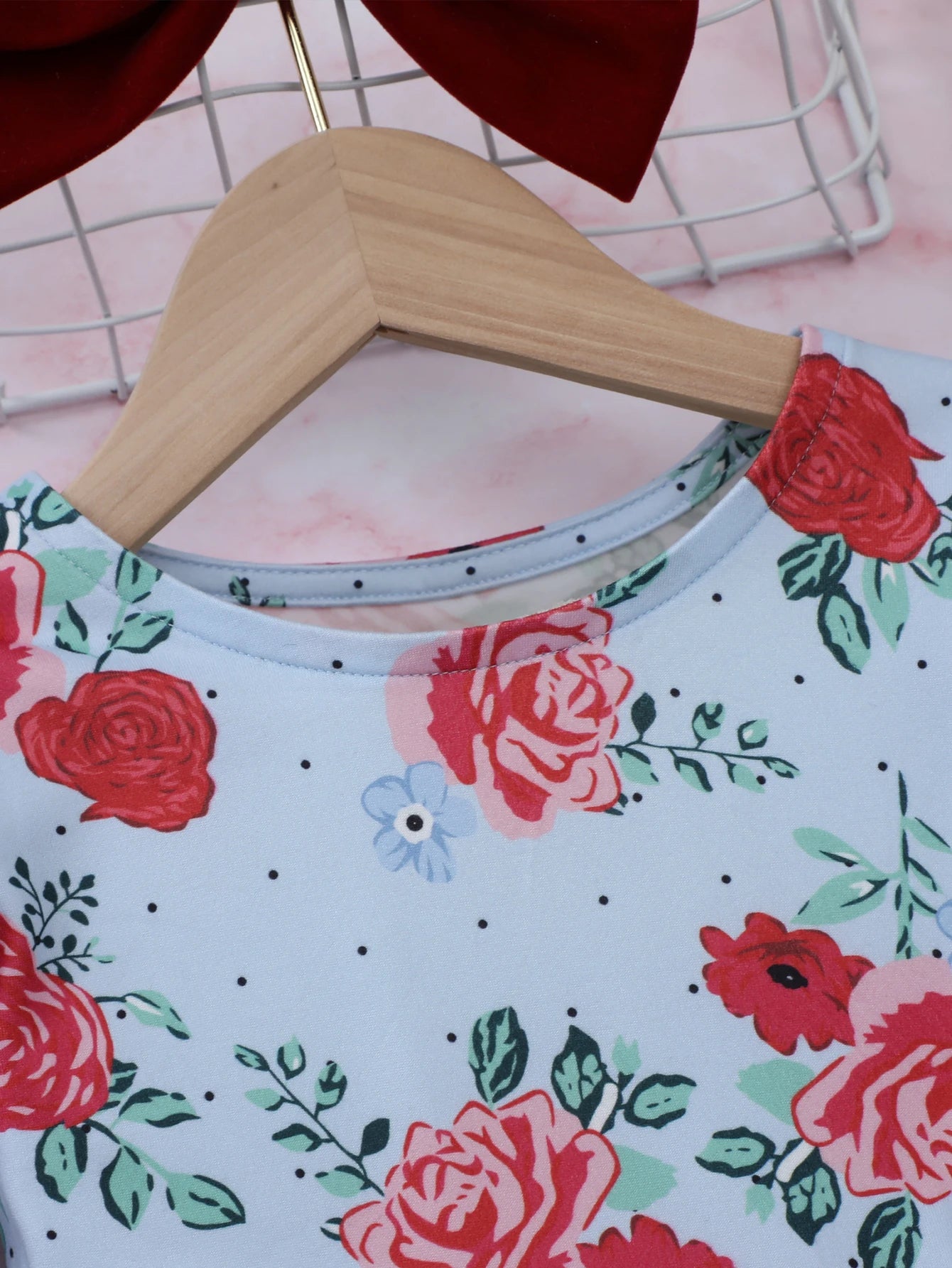 Valentine's Day Gift for Girls red Rose Print Red Tulle Dress Long Sleeve Ruffle Casual 2-7Y