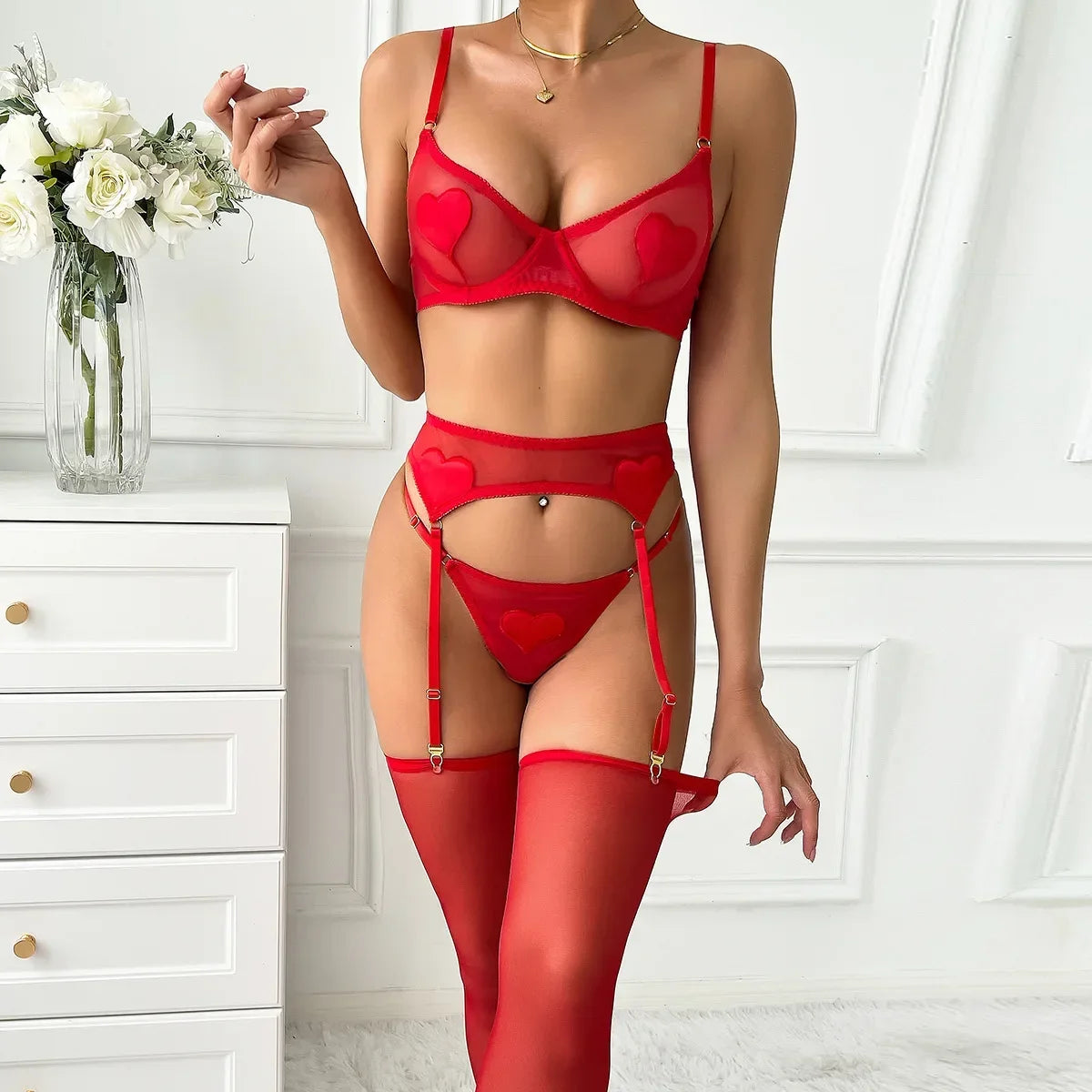 Valentine's Day Gift Sexy Love Red Transparent Bra Women Solid Underwear Four Piece Set with Silk Socks Lady Christmas Clothing