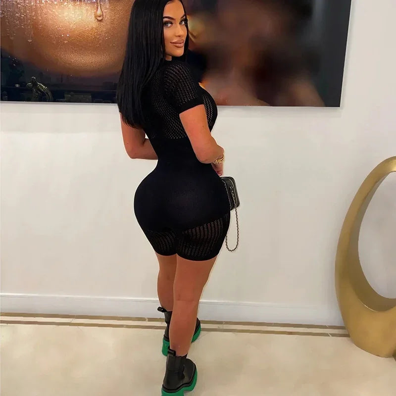 Women's Sexy Solid Color Long Sleeve See Through Outfit Sheer Mesh Hollow Out Short Romper Spring Summer Sexy Bodycon Jumpsuits