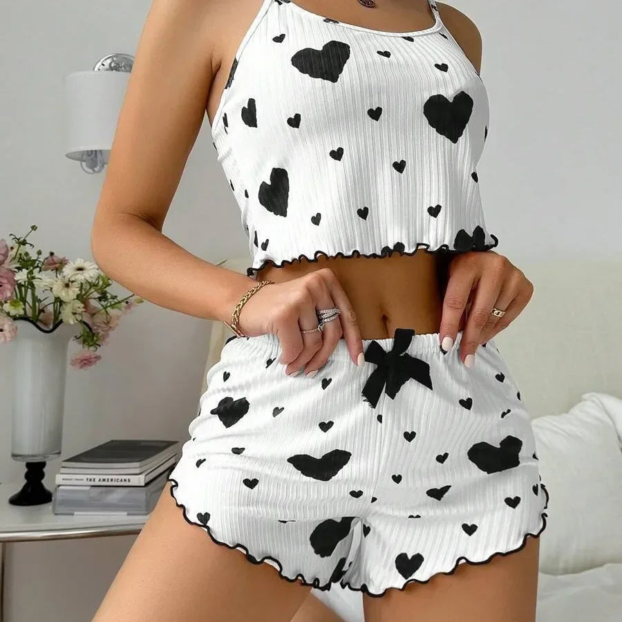 Women's Pajamas Set Summer Sleepwear 2 PCS Short Tank Tops and Shorts Sets Valentine's Day Gift Casual Love Printing Lounge