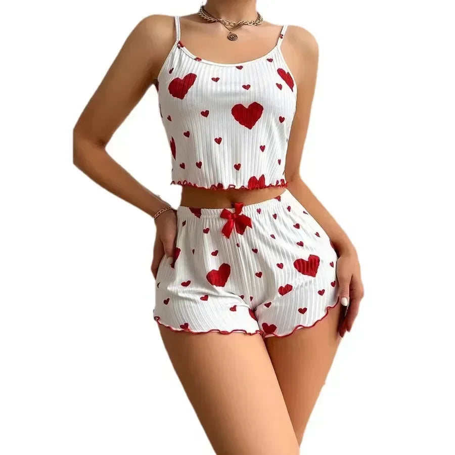 Women's Pajamas Set Summer Sleepwear 2 PCS Short Tank Tops and Shorts Sets Valentine's Day Gift Casual Love Printing Lounge