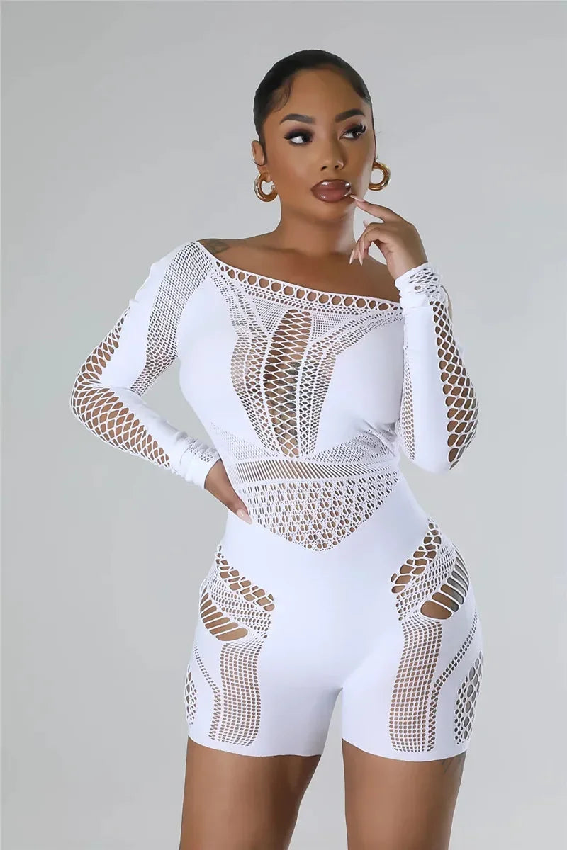 Women Sexy Black White Club Outfits Jumpsuit for Women Long Sleeves Mesmerizing Mesh Hollow Stretch Short Rompers
