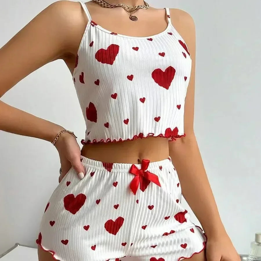 Women's Pajamas Set Summer Sleepwear 2 PCS Short Tank Tops and Shorts Sets Valentine's Day Gift Casual Love Printing Lounge
