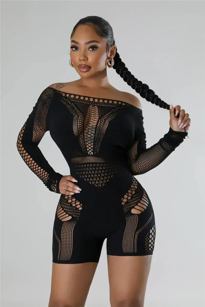 Women Sexy Black White Club Outfits Jumpsuit for Women Long Sleeves Mesmerizing Mesh Hollow Stretch Short Rompers
