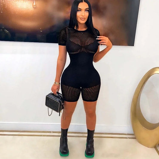 Women's Sexy Solid Color Long Sleeve See Through Outfit Sheer Mesh Hollow Out Short Romper Spring Summer Sexy Bodycon Jumpsuits
