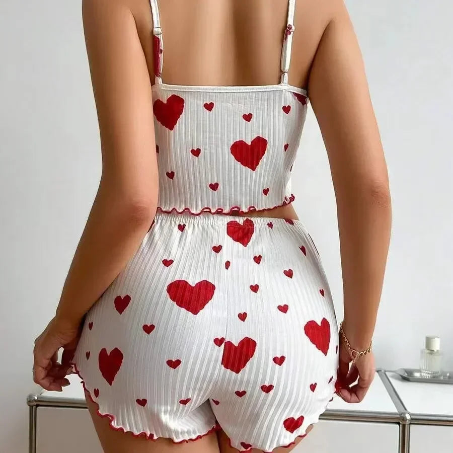 Women's Pajamas Set Summer Sleepwear 2 PCS Short Tank Tops and Shorts Sets Valentine's Day Gift Casual Love Printing Lounge