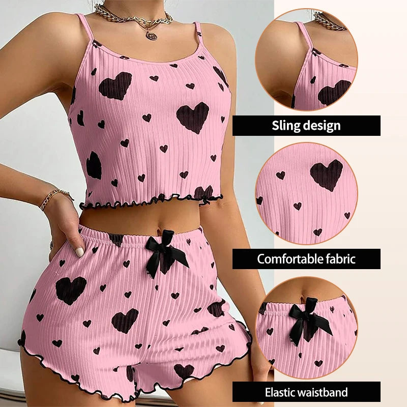 Women's Pajamas Set Summer Sleepwear 2 PCS Short Tank Tops and Shorts Sets Valentine's Day Gift Casual Love Printing Lounge