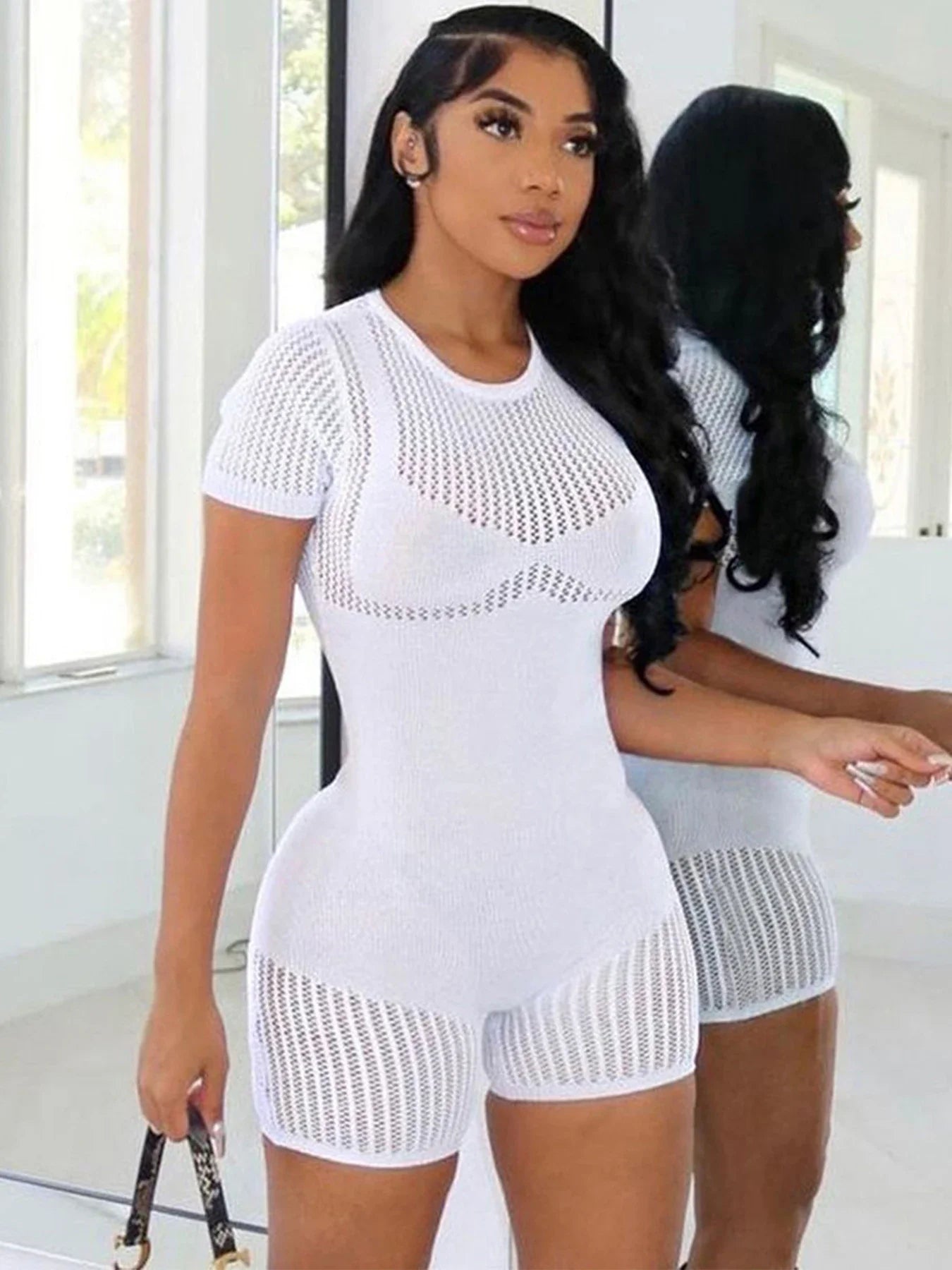 Women's Sexy Solid Color Long Sleeve See Through Outfit Sheer Mesh Hollow Out Short Romper Spring Summer Sexy Bodycon Jumpsuits
