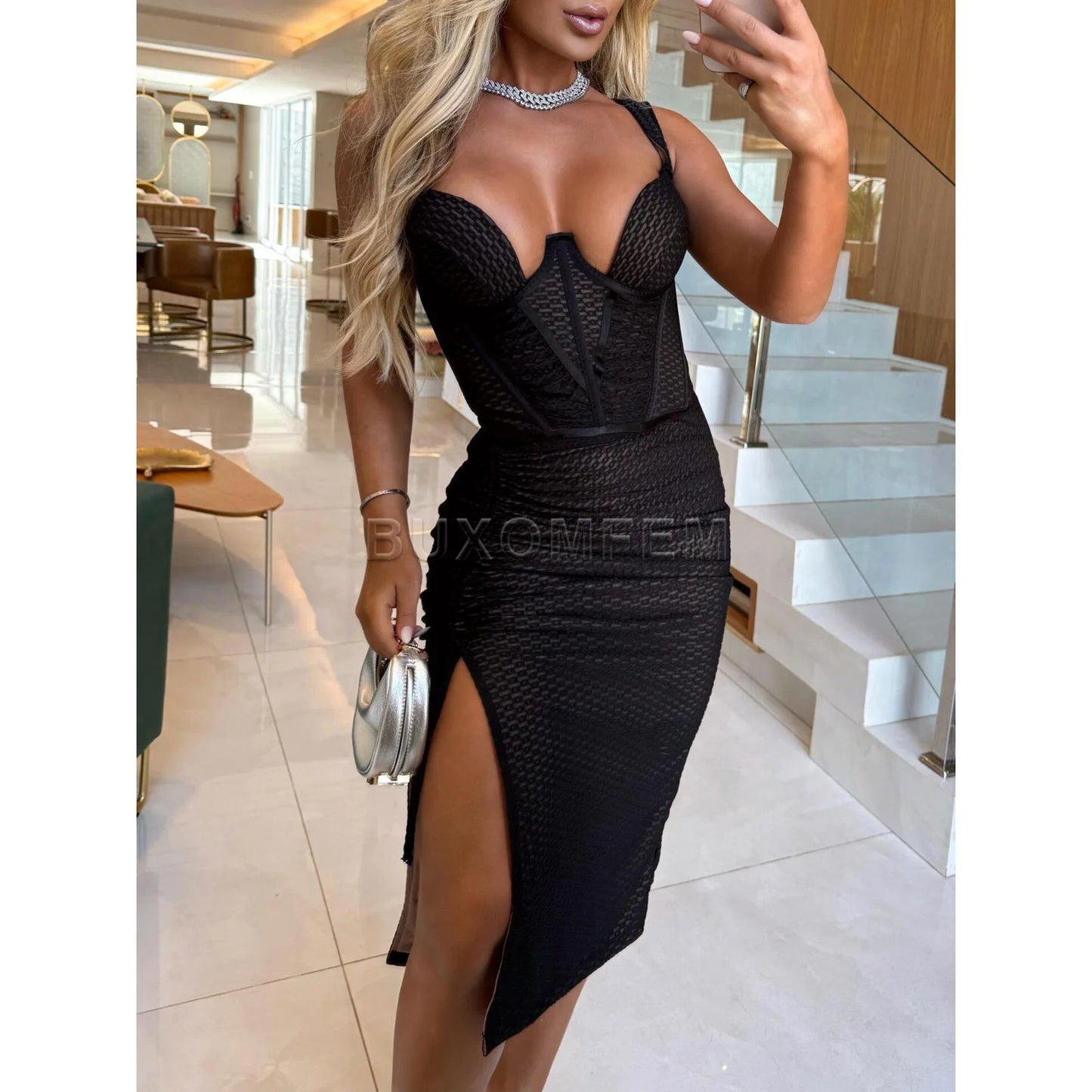 Women Summer One-Piece Outfits Solid Color Shoulder Straps Sleeveless Sexy Dress Ladies Wrapped Hip V-Neck Slit Long Skirts