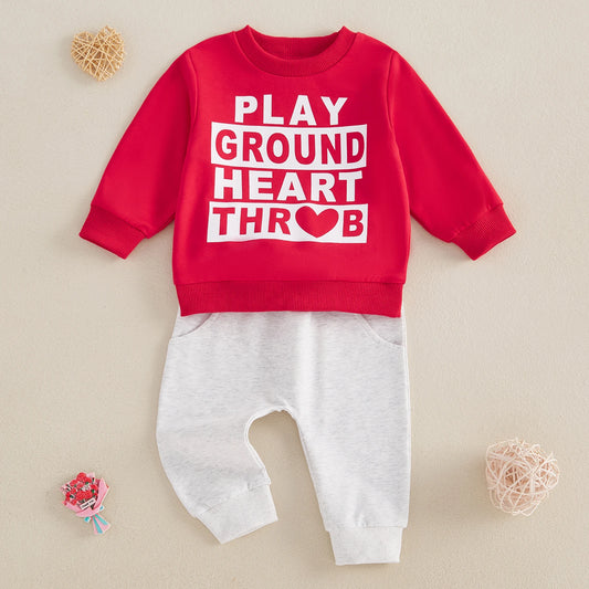 0-3Years Baby Boy Kids Valentine's Day Outfits Letter Print Long Sleeve Sweatshirt and Elastic Pants 2 Piece Activewear Sets