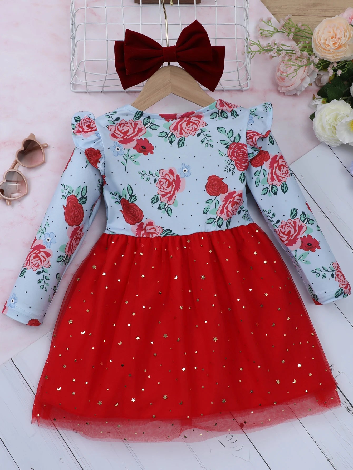 Valentine's Day Gift for Girls red Rose Print Red Tulle Dress Long Sleeve Ruffle Casual 2-7Y