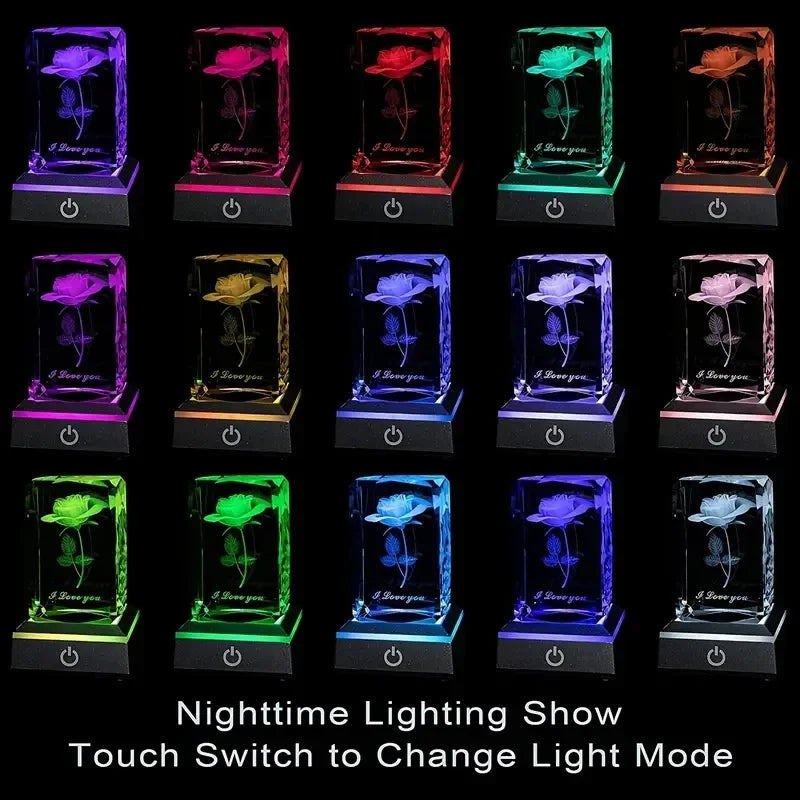 1PC 3D Rose Crystal With Led RGB Color Lamp Colorful Night Light Valentine's Day Christmas Birthdays Anniversaries Lover Gifts