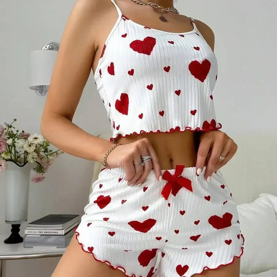 Women's Pajamas Set Summer Sleepwear 2 PCS Short Tank Tops and Shorts Sets Valentine's Day Gift Casual Love Printing Lounge