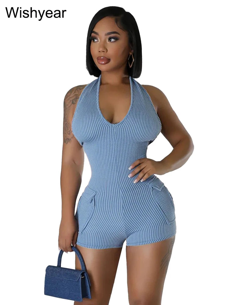 Women Knitted Ribbed Bodycon Playsuit Sexy Halter Backless Cargo Short Jumpsuits One Pieces Outfits Rompers Bar Night Clubwear