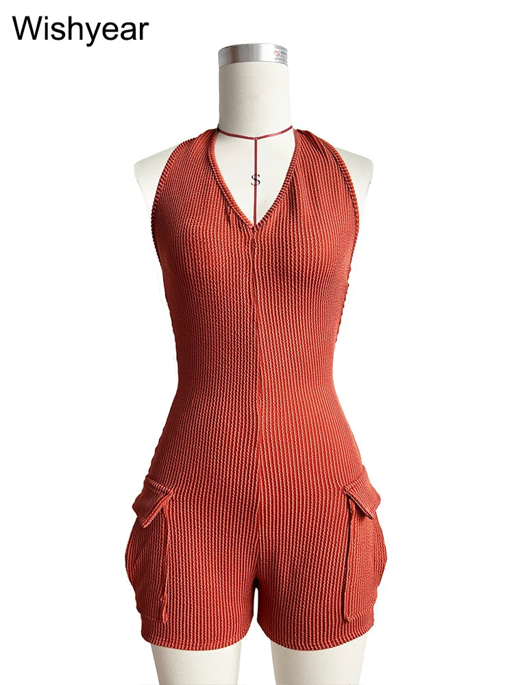 Women Knitted Ribbed Bodycon Playsuit Sexy Halter Backless Cargo Short Jumpsuits One Pieces Outfits Rompers Bar Night Clubwear