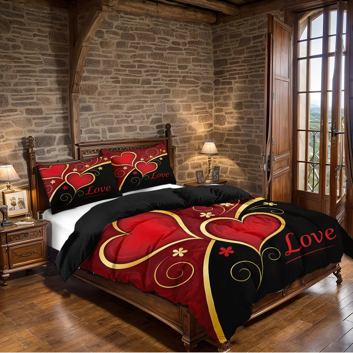 3pcs (1 duvet cover, 2 pillowcases, coreless), black and red Valentine's Day heart, Love design printed pattern bedding set
