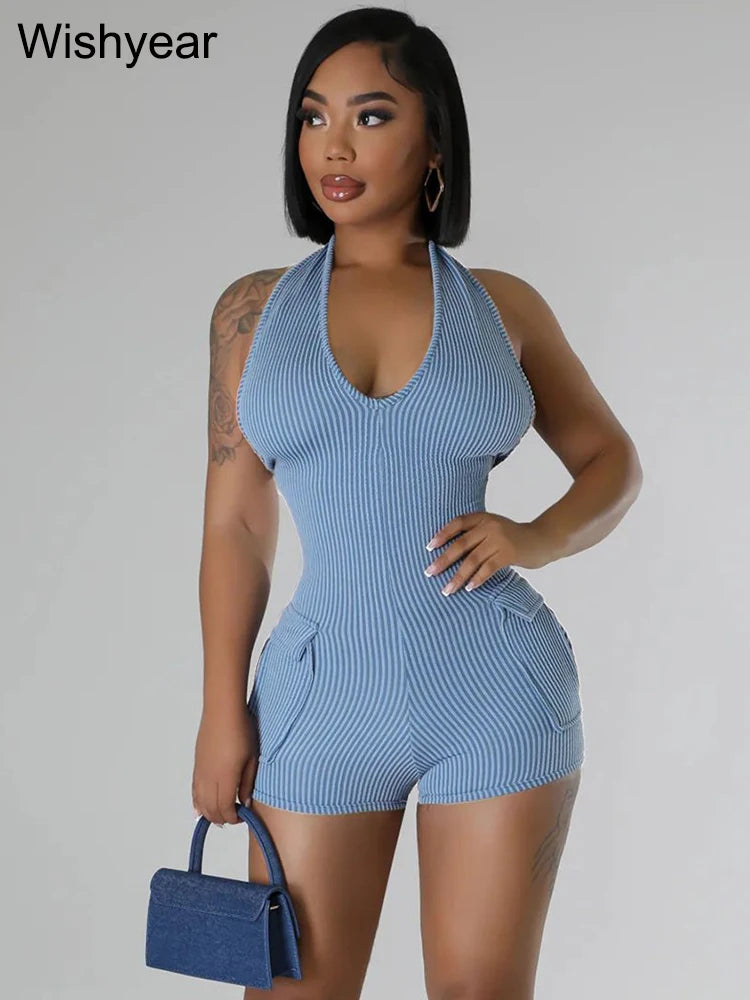 Women Knitted Ribbed Bodycon Playsuit Sexy Halter Backless Cargo Short Jumpsuits One Pieces Outfits Rompers Bar Night Clubwear