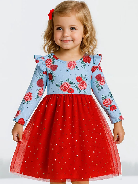Valentine's Day Gift for Girls red Rose Print Red Tulle Dress Long Sleeve Ruffle Casual 2-7Y