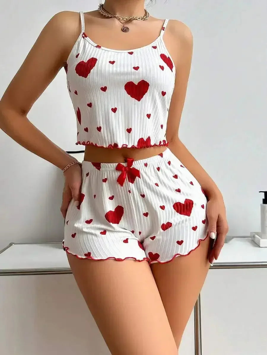 Women's Pajamas Set Summer Sleepwear 2 PCS Short Tank Tops and Shorts Sets Valentine's Day Gift Casual Love Printing Lounge
