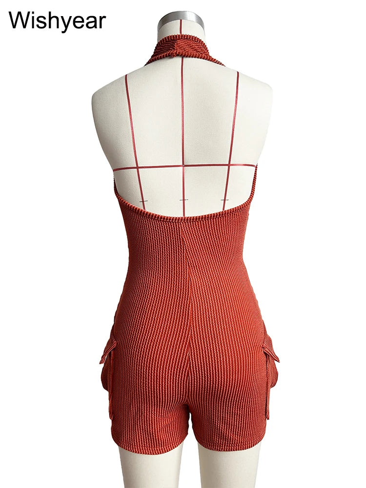 Women Knitted Ribbed Bodycon Playsuit Sexy Halter Backless Cargo Short Jumpsuits One Pieces Outfits Rompers Bar Night Clubwear