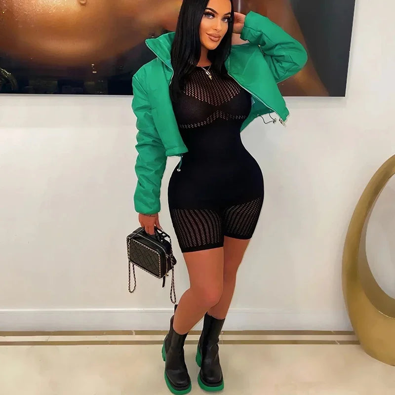 Women's Sexy Solid Color Long Sleeve See Through Outfit Sheer Mesh Hollow Out Short Romper Spring Summer Sexy Bodycon Jumpsuits