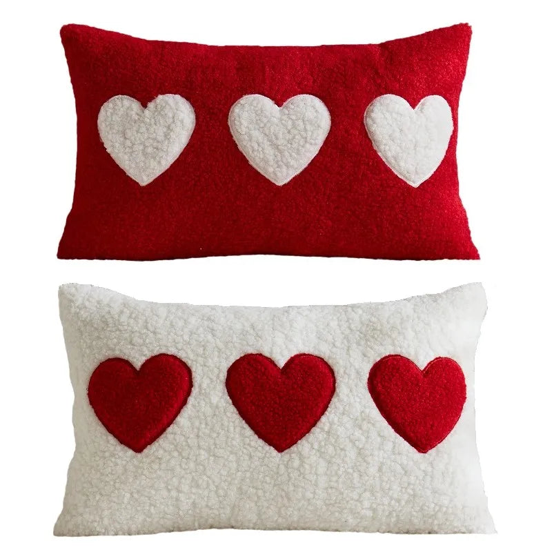 1/2Pcs Valentines Day Throw Pillow Covers 30x50cm Love Heart Embroideried Cushion Covers Red Plush Faux Fur Throw Pillow Cases