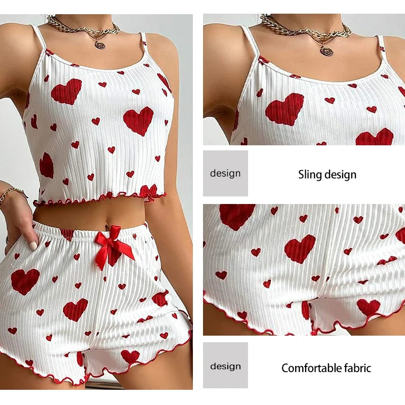 Women's Pajamas Set Summer Sleepwear 2 PCS Short Tank Tops and Shorts Sets Valentine's Day Gift Casual Love Printing Lounge