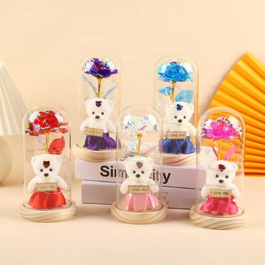 Valentine's Day  Ornament Immortal Flower Glass Cover Gold Foil Laser Rose Christmas Halloween Birthday Gift Doll Bear Ornament