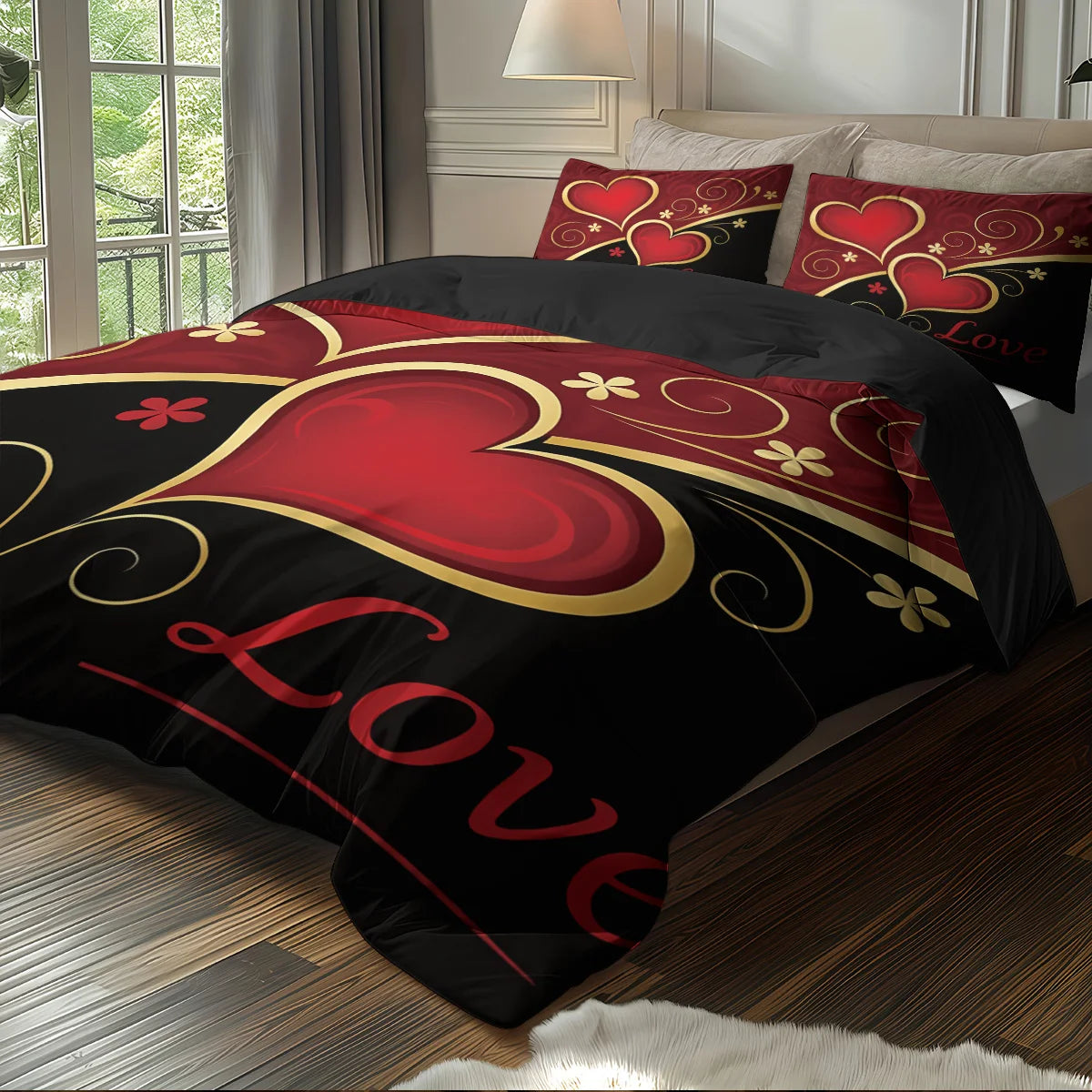 3pcs (1 duvet cover, 2 pillowcases, coreless), black and red Valentine's Day heart, Love design printed pattern bedding set