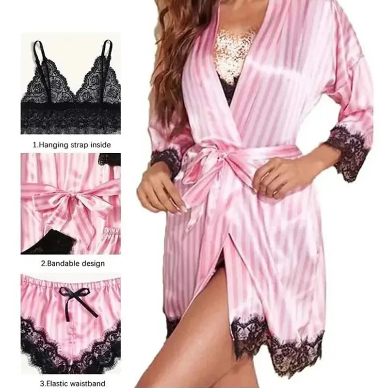 Women's Fashion Pajama Print Sexy Lace Trim Faux Silk Satin Pajama Set Gown Skin Friendly Comfort Loungewear Sexy Pajamas
