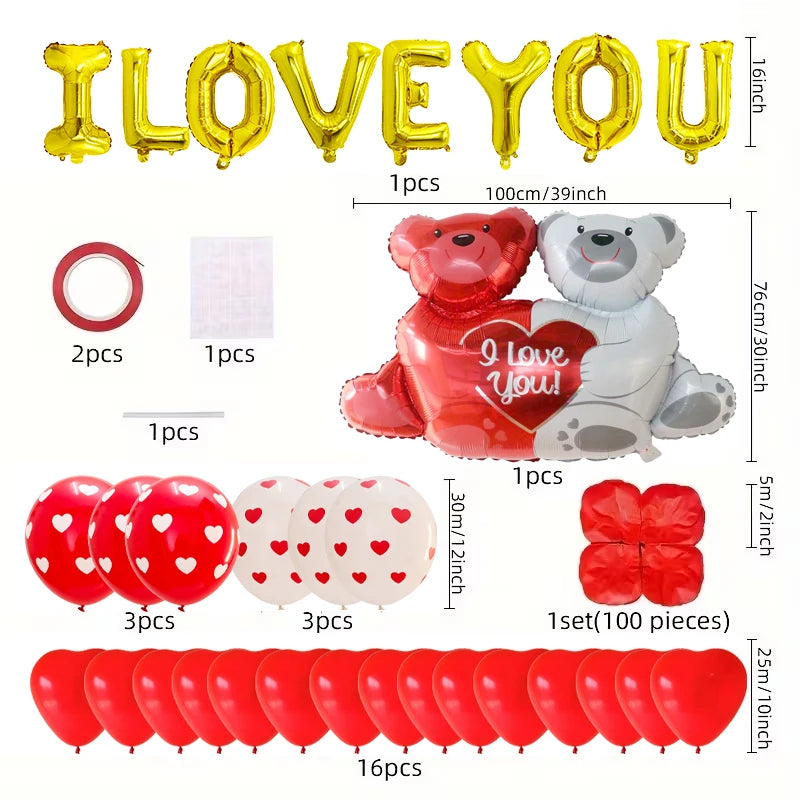 Valentine's Day Foil Balloon Set I Love You Letter Heart-Shaped Balloon Bear Anniversary Valentine's Day Romantic Air Globos